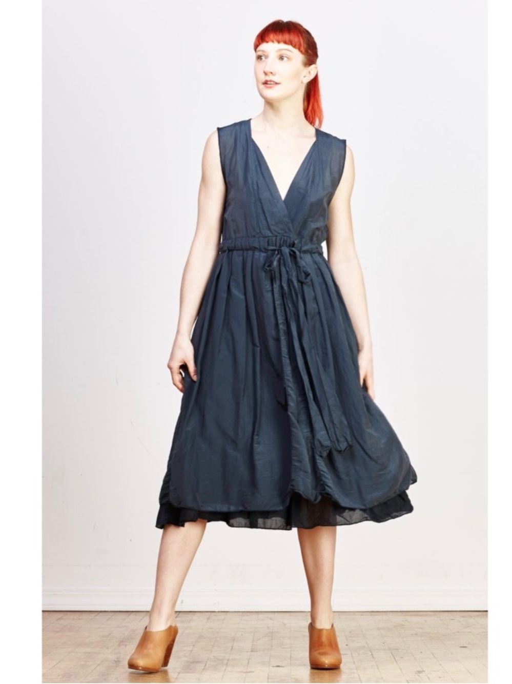 CP Shades Julia Cotton Silk Blend Sleeveless A-Line Midi Dress Navy